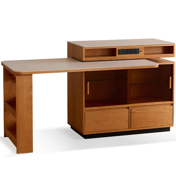 Scandinavian Cherry Wood Sintered Stone Extendable Island Dining Table With Cabinet MOONLIGHT